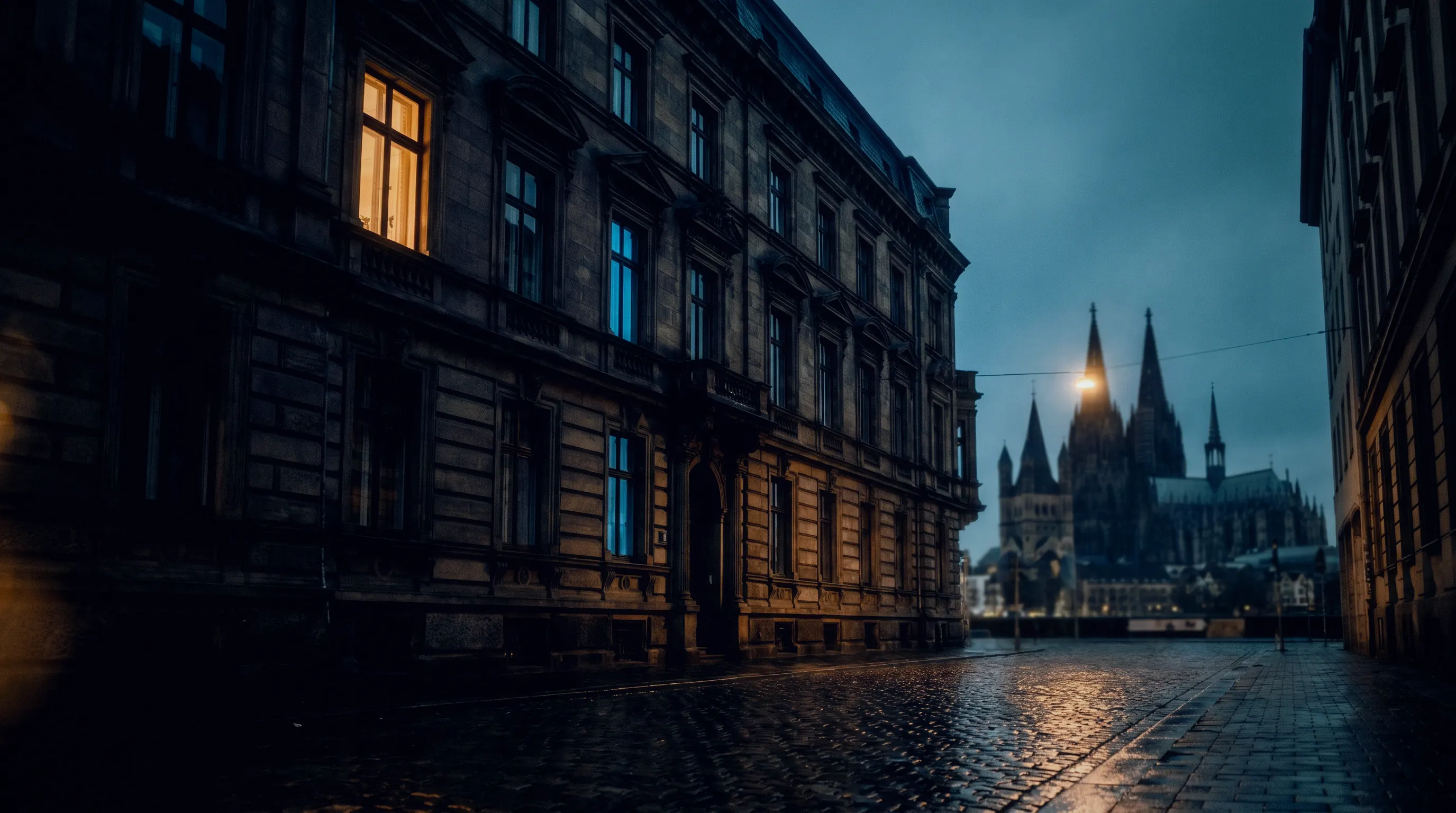 KI-generiert: Köln bei Nacht — ein Bürofenster leuchtet noch